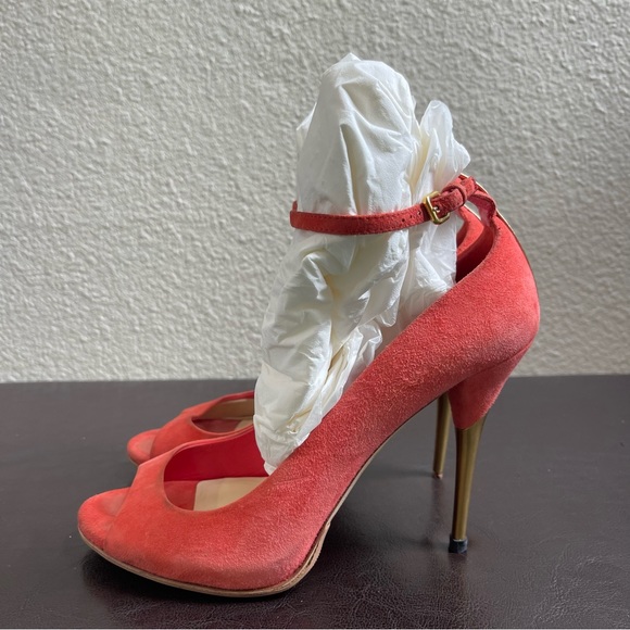 100% Authentic Miu Miu Coral Ankle Strap w Gold Heel Size 6.5 - Picture 2 of 12